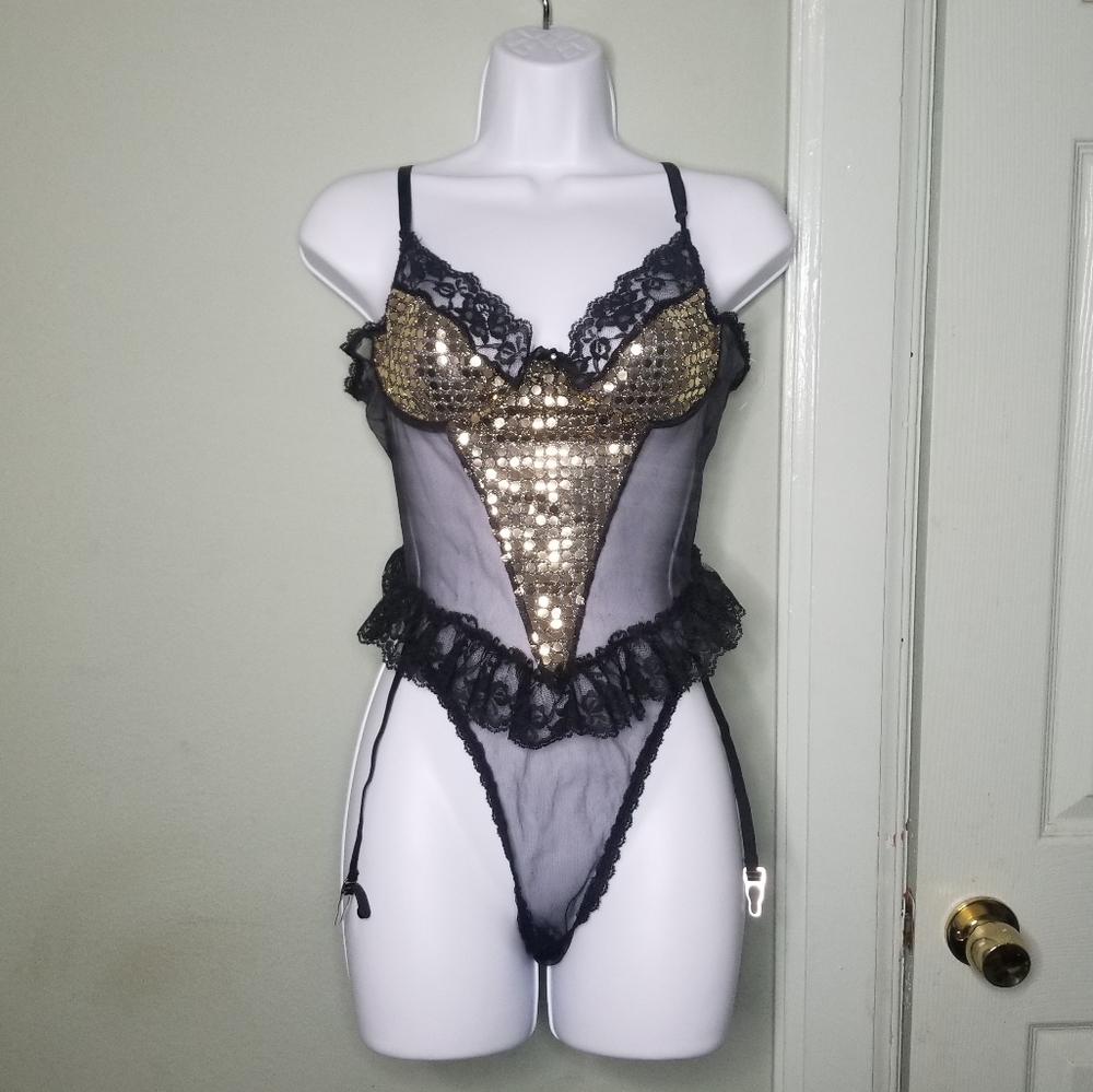 Vintage Gold and Black Mesh High Waisted 80s Teddy